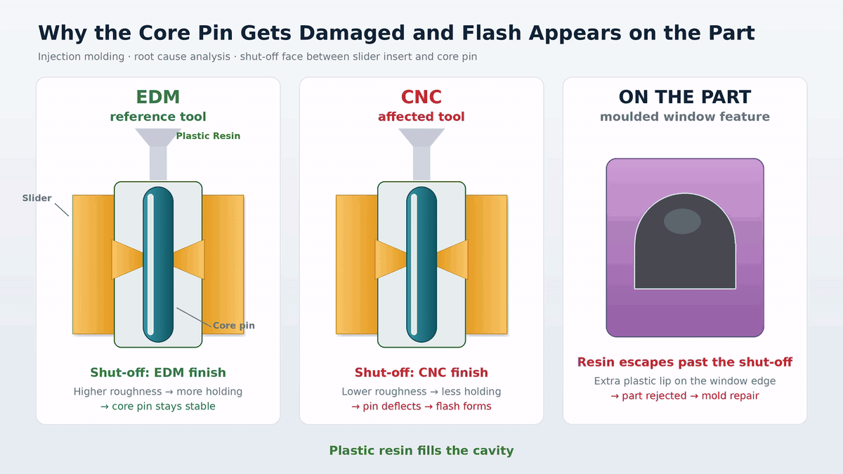 Why the core pin gets damaged and flash appears on the part — EDM vs CNC shut-off finish